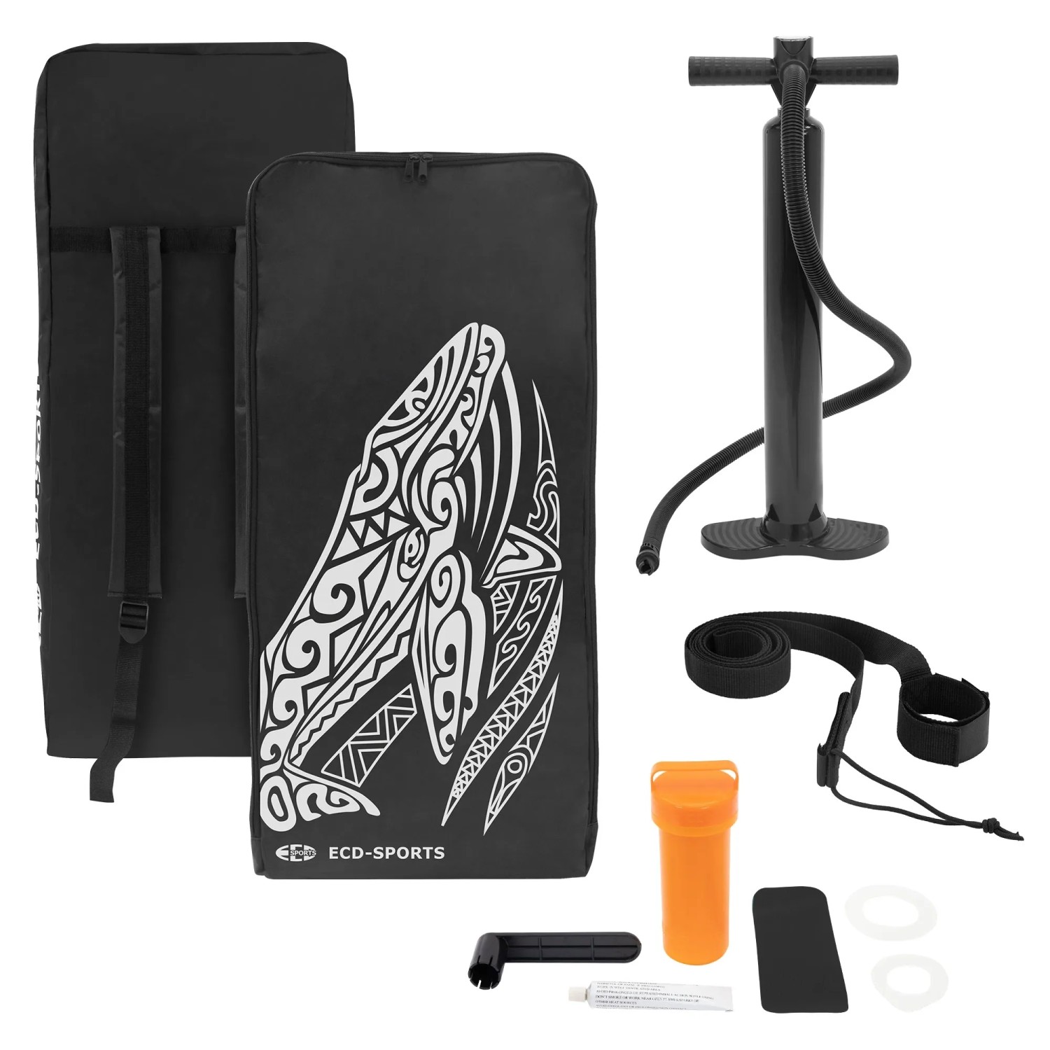 ECD Germany Stand Up Paddle Board Set, schwarz-rot, mit Pumpe, Paddel, Reparaturset und Tragetasche.
