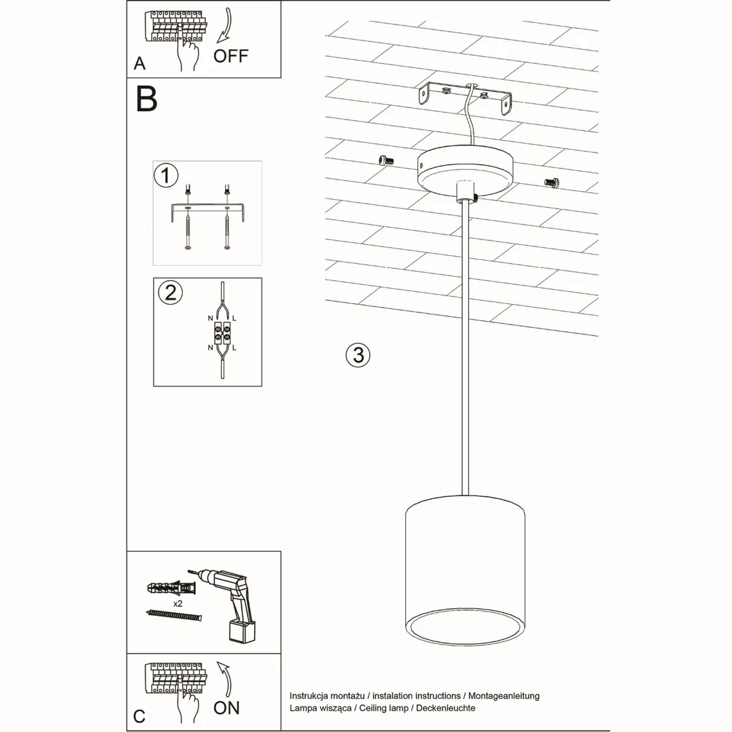 Montageanleitung für Sollux Lighting ORbis 1 Hängeleuchte, Schwarz, zylindrisch.