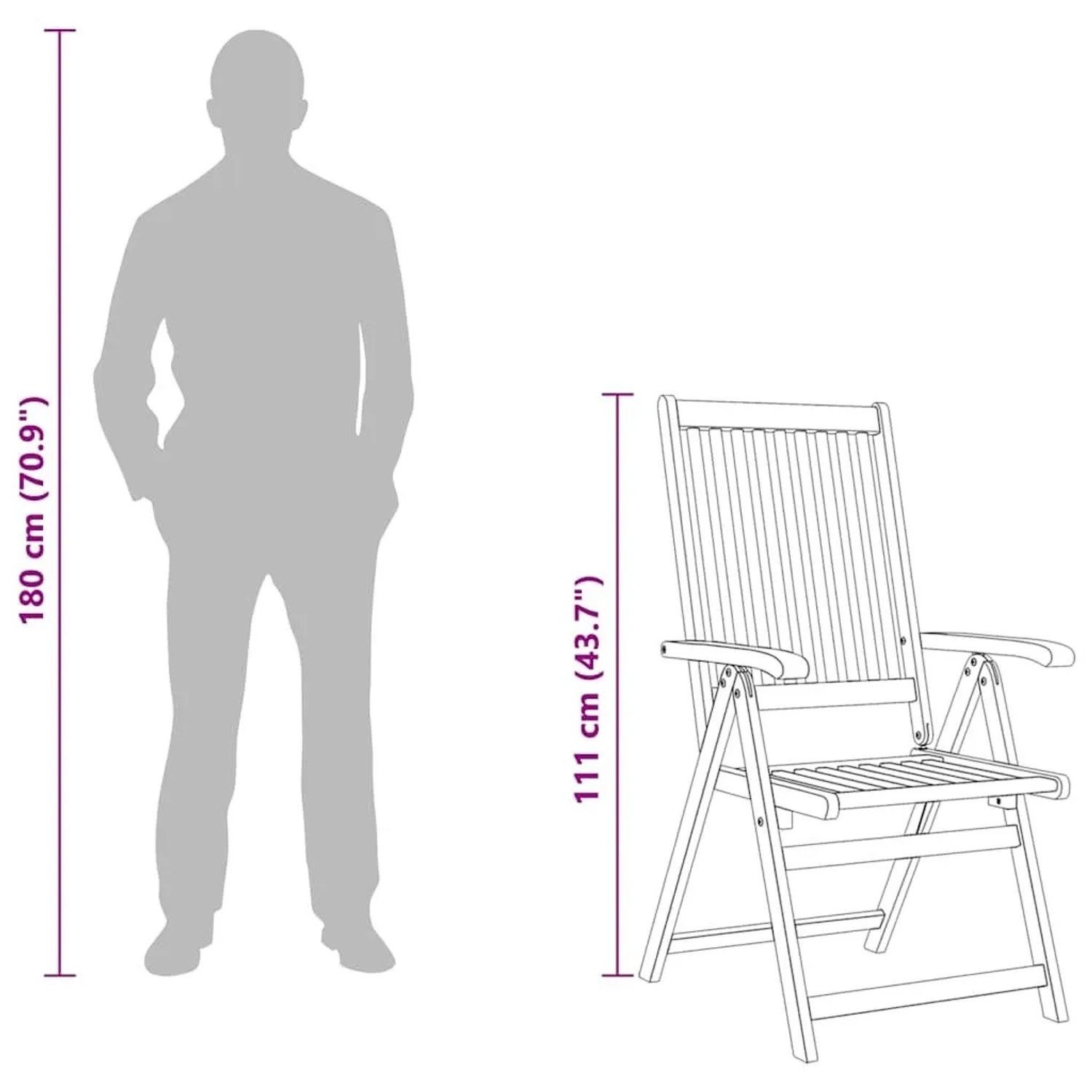 Größenvergleich: Klappbarer Gartenstuhl aus Akazienholz, 111 cm hoch, neben einer Person (180 cm).