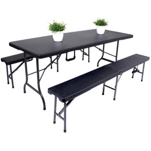 3-teiliges Balkonmöbel-Set Ventana mit Tisch und zwei Bänken in Rattanoptik, schwarz.