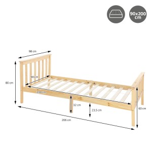 ML-Design Holzbett 90x200 cm mit Lattenrost und Matratze, Naturholz, Maßeinteilung