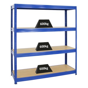 Blaues PROREGAL Schwerlastregal Dino mit vier MDF-Holzböden und hoher Traglast.