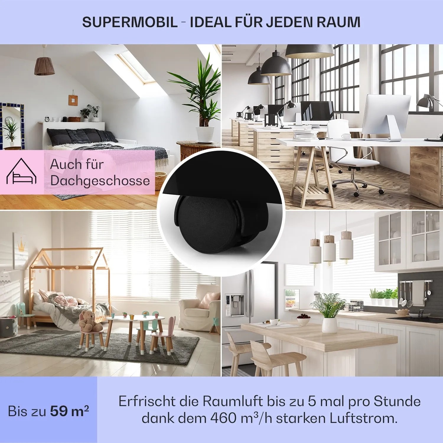 Mobile Klarstein Klimaanlage Grandbreeze Eco 12K mit Rollen in verschiedenen Wohnräumen.