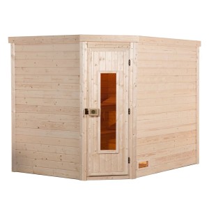 Weka Massivholzsauna Turku mit Holztür und Glaseinsatz aus Fichtenholz.