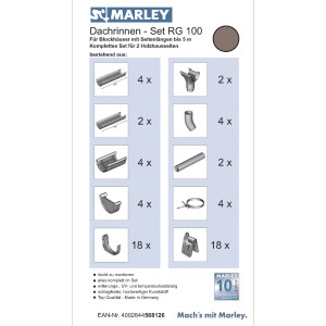 Marley Dachrinnen-Set RG 100 braun für Blockhäuser bis 5m Seitenlänge, Komplettset mit Zubehör.