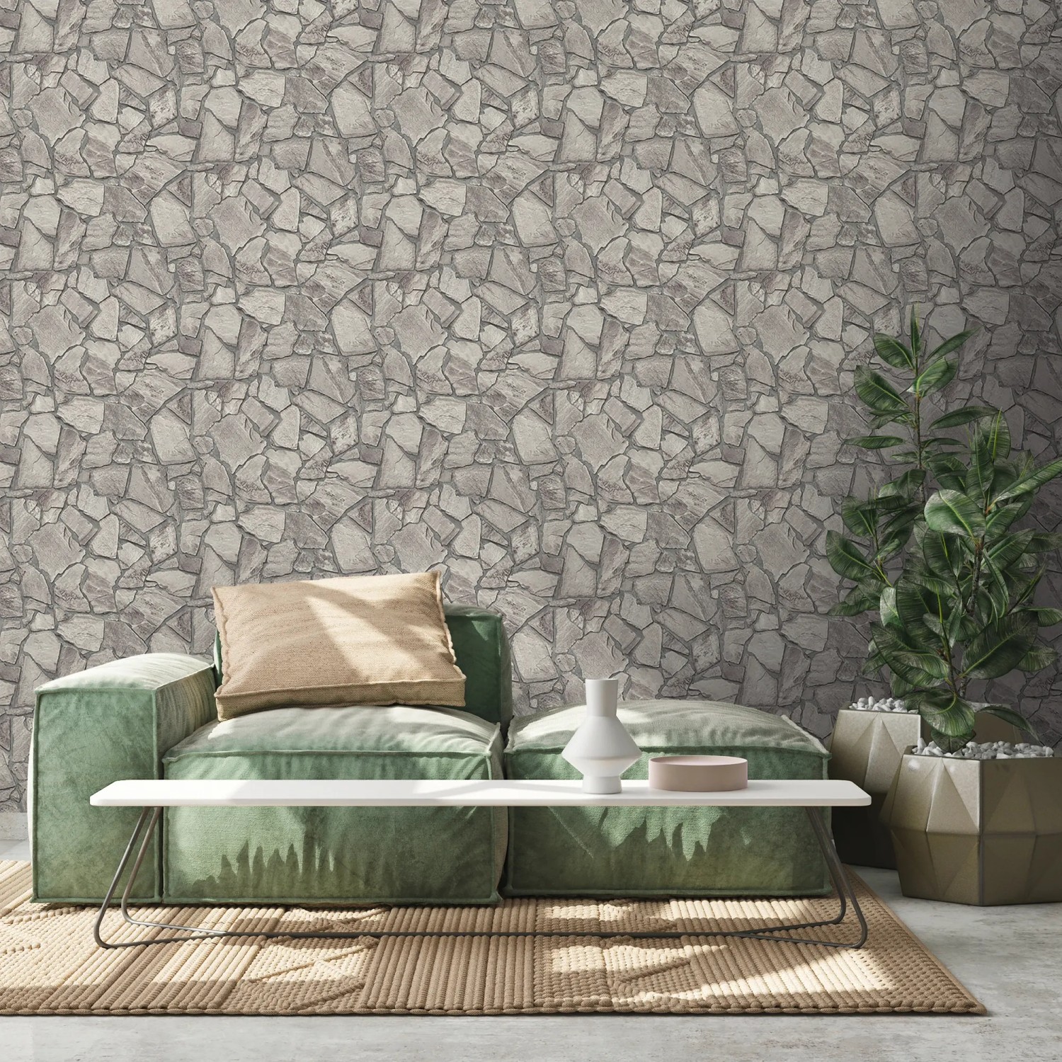 A.S. Création Vliestapete mit grauem Bruchsteinmauer Design im Wohnraum.