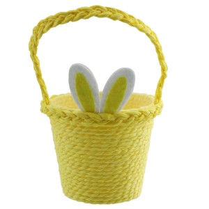 Gelber Papierkorb mit Henkel (Ø 11 cm) und Hasenohren für Ostern.