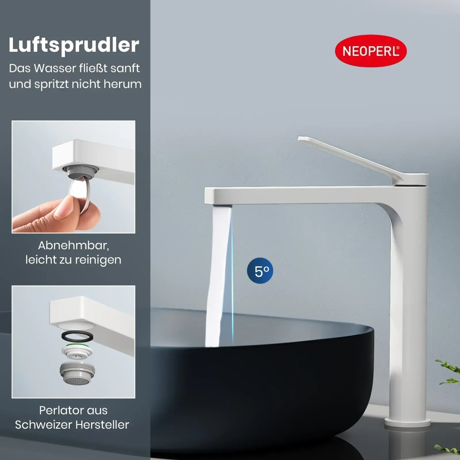 Weißer Emke Wasserhahn mit Luftsprudler für Waschbecken und Küche.