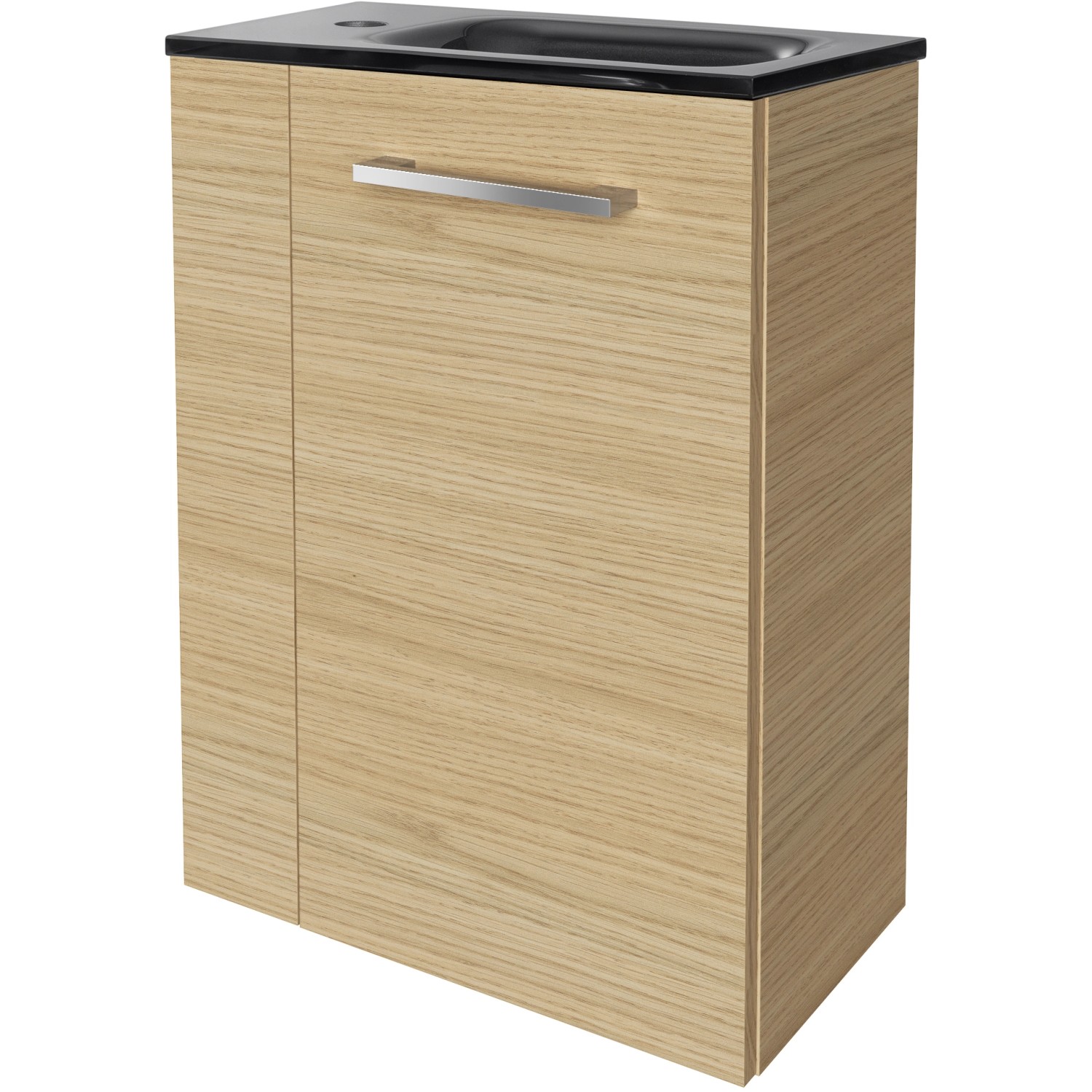 Fackelmann Waschbeckenunterschrank SBC Sandeiche, 44 cm breit, mit schwarzem Waschbecken.