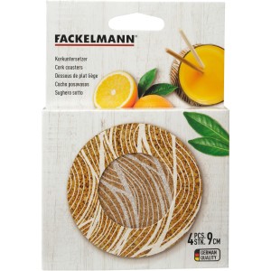 Fackelmann Glasuntersetzer, 4er-Set aus Kork mit weißem Design, 9 cm Durchmesser.