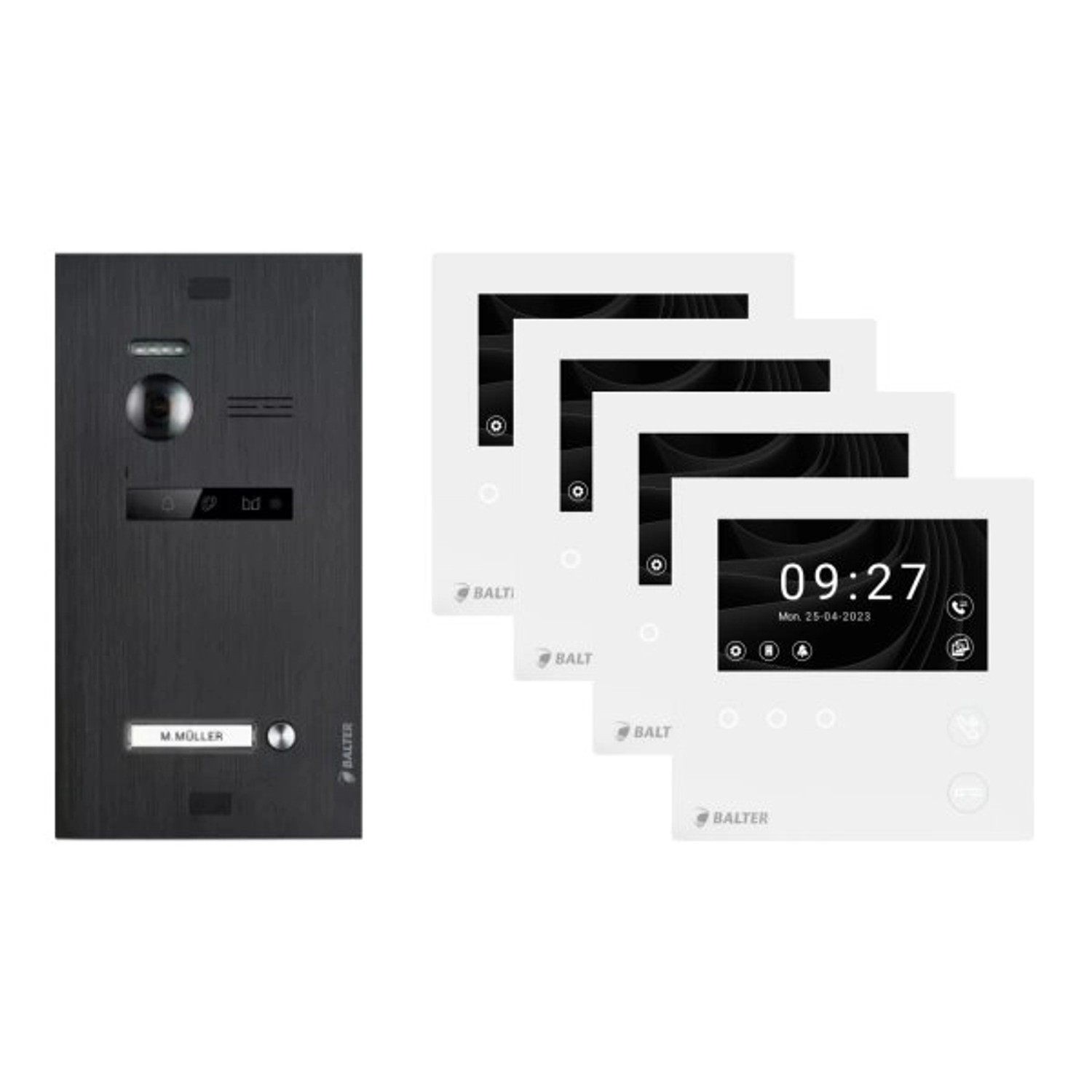 Balter Evo-HD-Mini Video Türsprechanlage Komplettsystem für 1-Familienhaus mit 4x 4,3 Zoll WiFi Monitor Schwarz