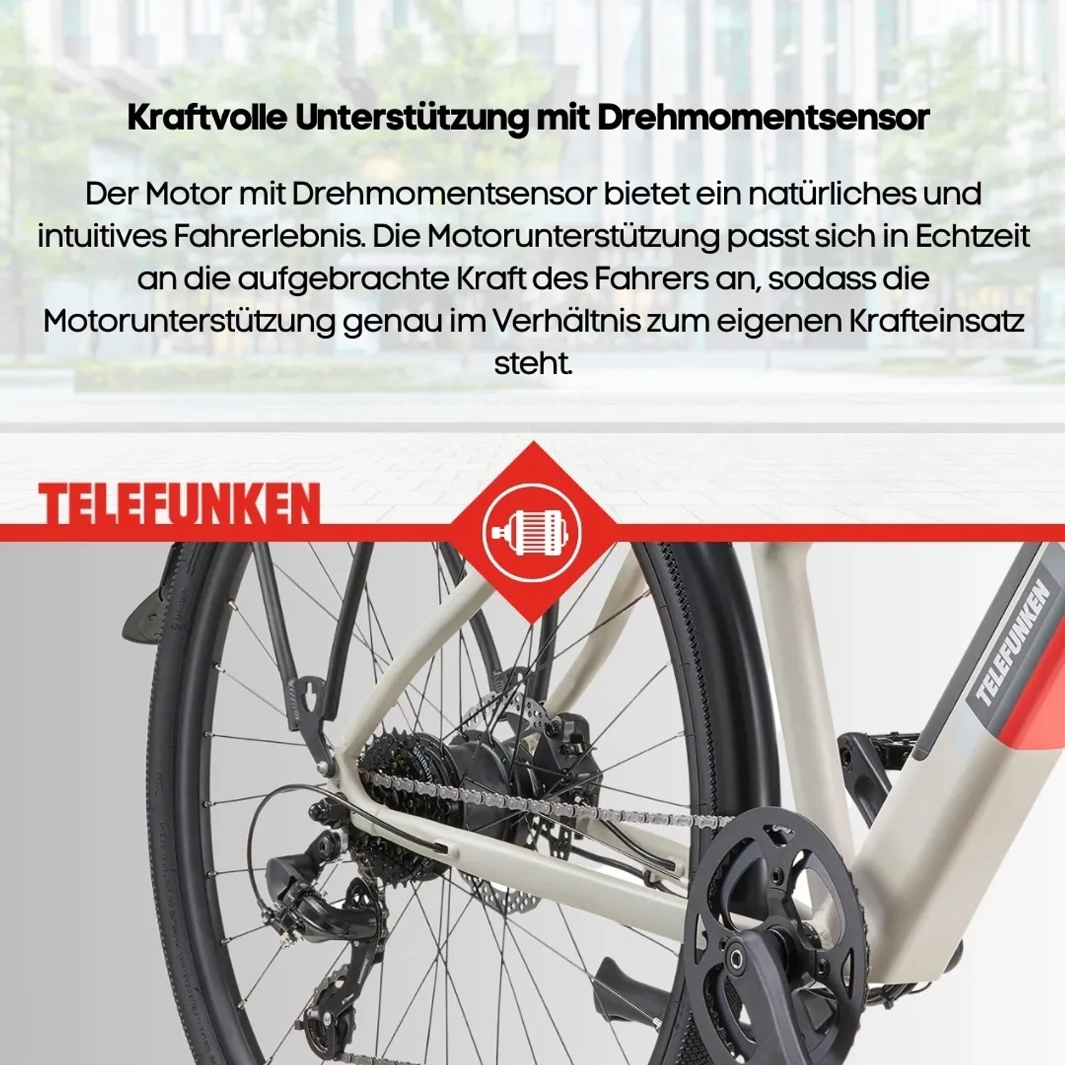 Detailaufnahme Hinterrad, Schaltung und Motor des Telefunken E-Bike UH210 in Seidengrau.