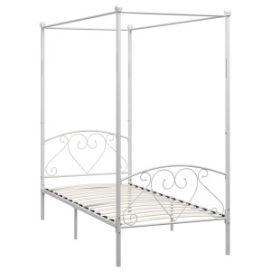 Weißes Metall Himmelbett-Gestell 90x200 cm mit Lattenrost für erholsamen Schlaf.
