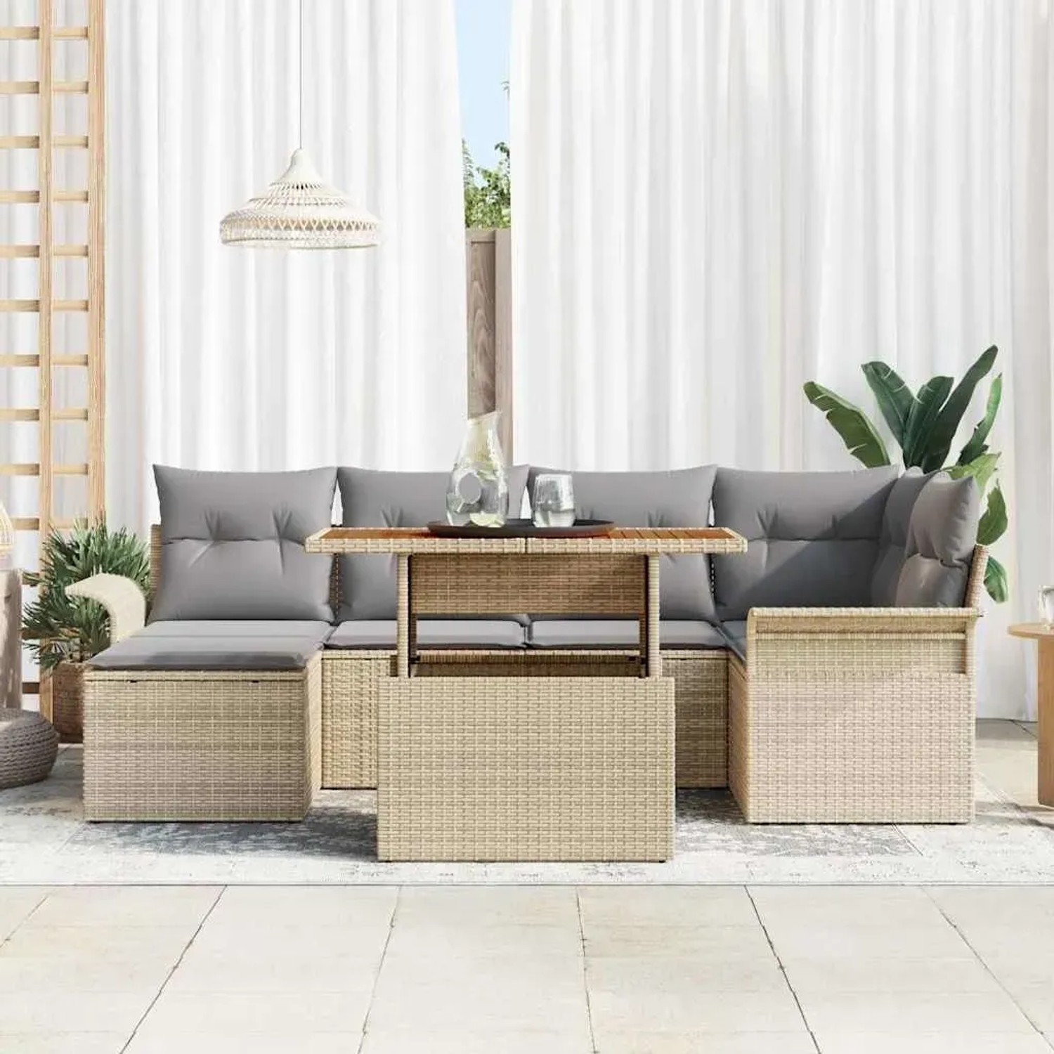 Beiges 7-teiliges vidaXL Garten-Sofa-Set aus Poly Rattan mit Tisch und Stauraum.