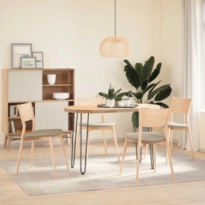 Vier anthrazitfarbene Haarnadelbeine aus 72 cm Massivstahl an einem runden Holztisch.