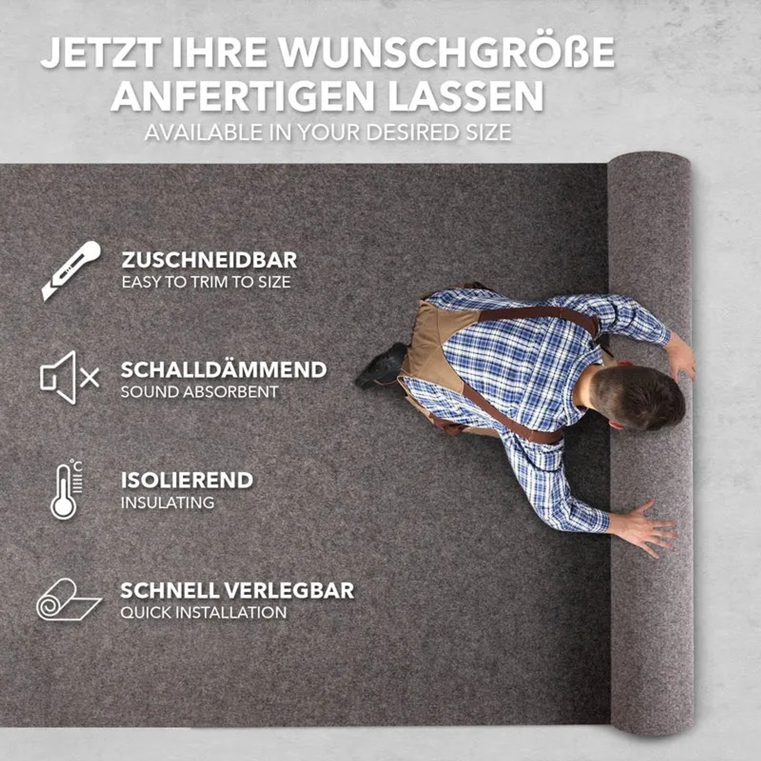 Zuschneidbarer, kieselgrauer Eventteppich. Vielseitig, robust und schalldämmend.