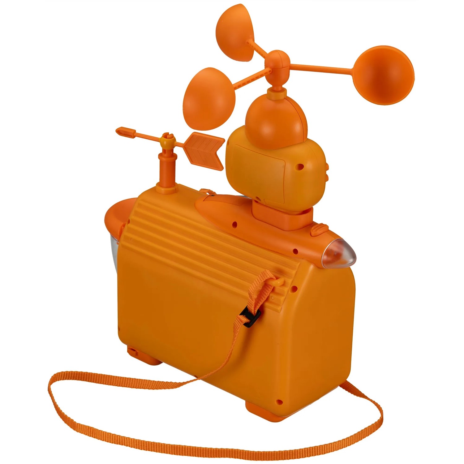 Orangefarbene DieMaus Wetterstation für Kinder mit Windmesser, Regenmesser und Zubehör.