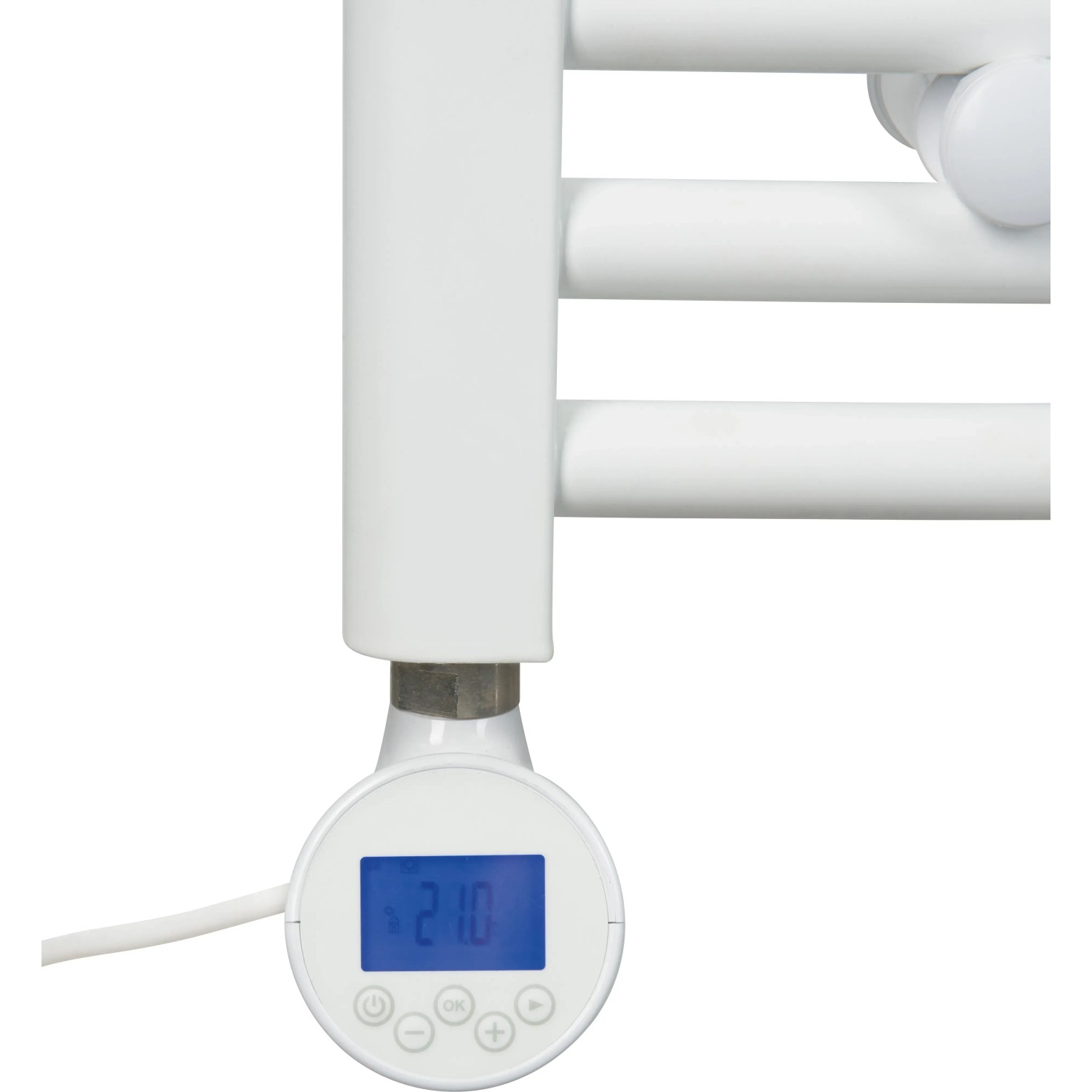 Detailaufnahme: Weißer, elektrischer Badheizkörper Winterberg XXL mit digitalem Thermostat.