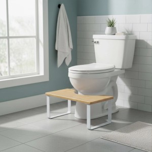 Relaxdays Toilettenhocker Bambus Metall Natur Weiß Rutschfest 18 cm x 44,5 cm x 23 cm 1,6 kg