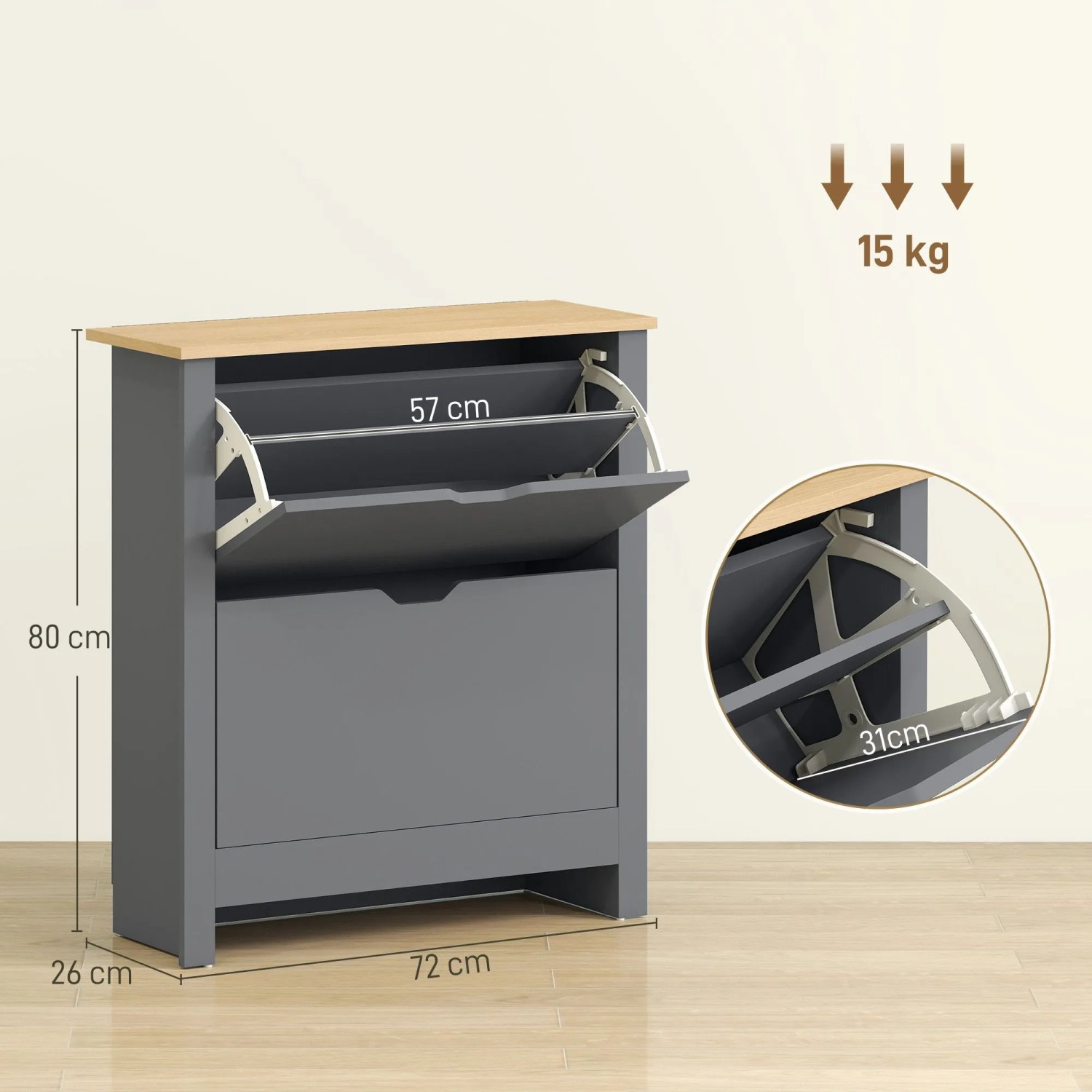 Dunkelgrauer HOMCOM Schuhschrank mit Holzplatte, zwei Klappfächern für Schuhe. Kompakte Schuhkommode für Flur.