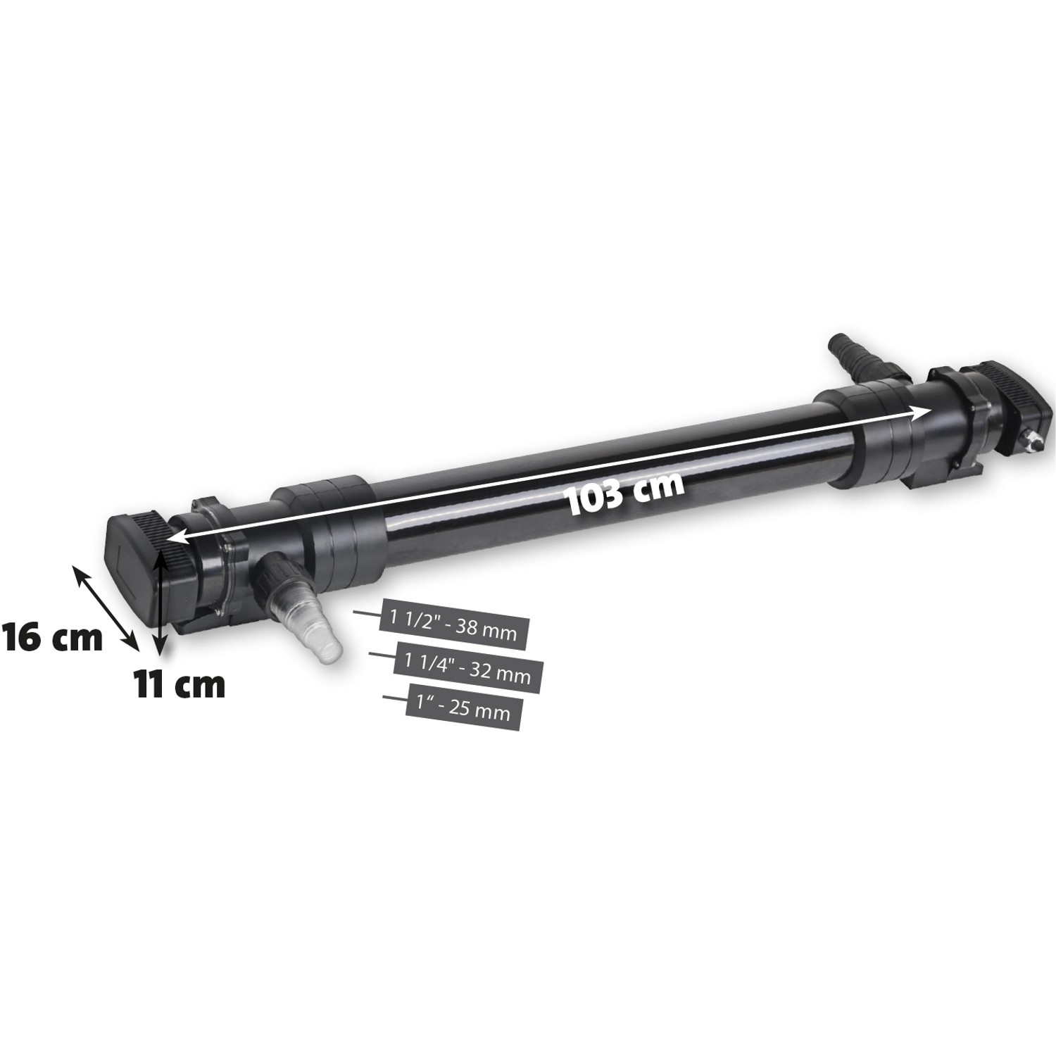 Heissner UVC-Teichklärer 72W: Schwarzer Teichklärer mit Maßangaben für Teichpumpen & Filter.