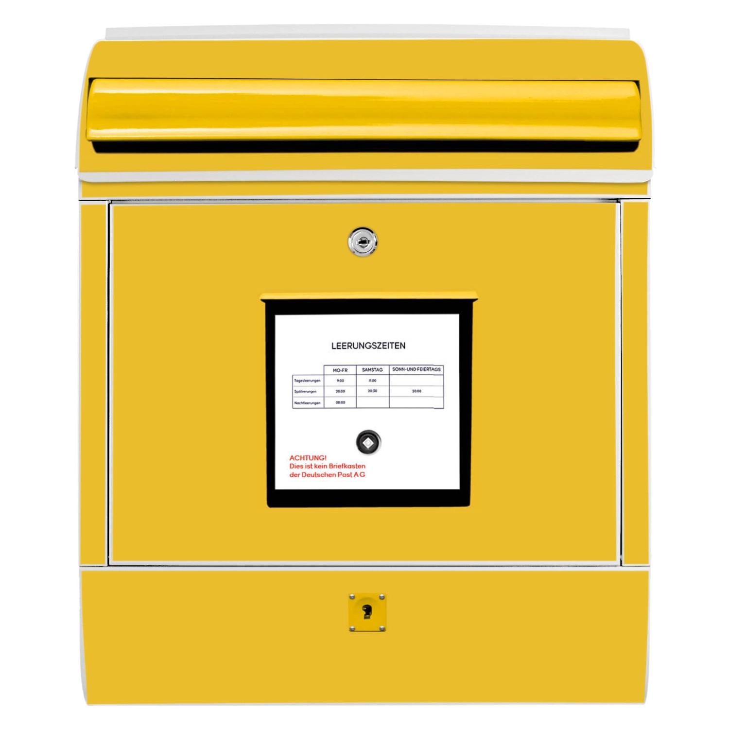 Banjado Design Briefkasten Silber mit gelbem Briefkasten Motiv und Zeitungsfach.