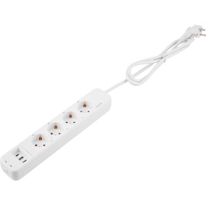 Weiße WiFi-Tischsteckdose mit 4 Schuko-Steckplätzen und 3 USB-Anschlüssen.