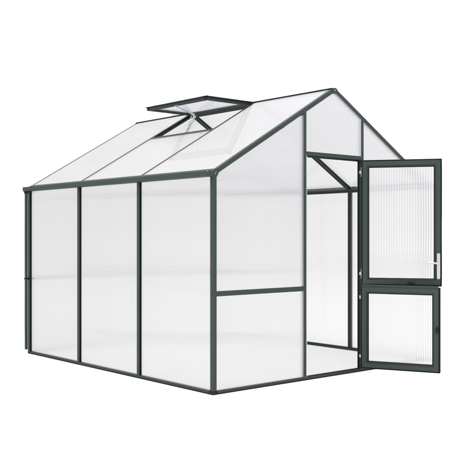 Freistehendes KGT Gewächshaus, Tannengrün, mit geöffneter Tür und Dachfenster.