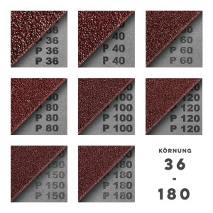 Klingspor Schleifband Set LS307X, verschiedene Körnungen 40-180. Detailansicht der Schleifbänder und Grit-Nummern für Schleifer Zubehör.
