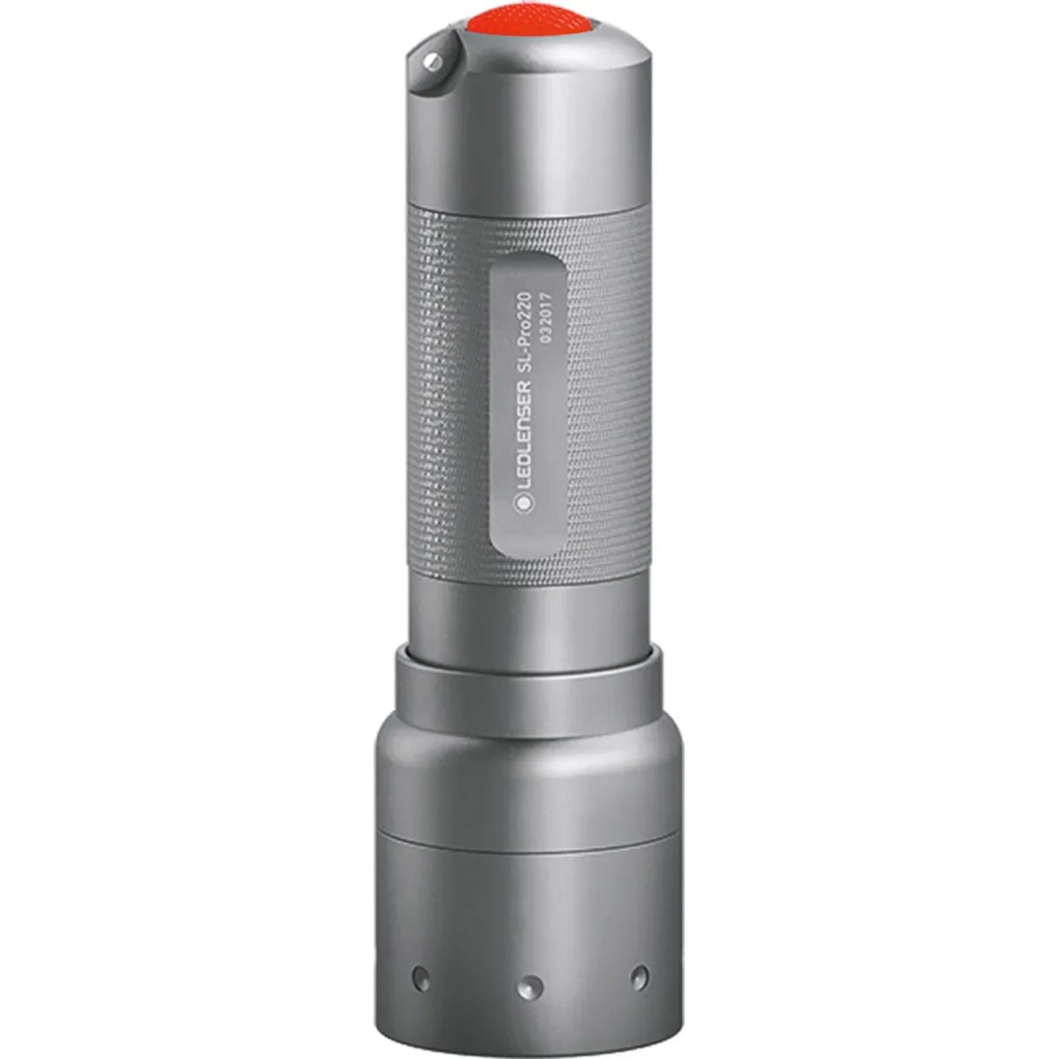 Solidline Pro 220 Taschenlampe aus Aluminium, silberfarben mit rotem Knopf.