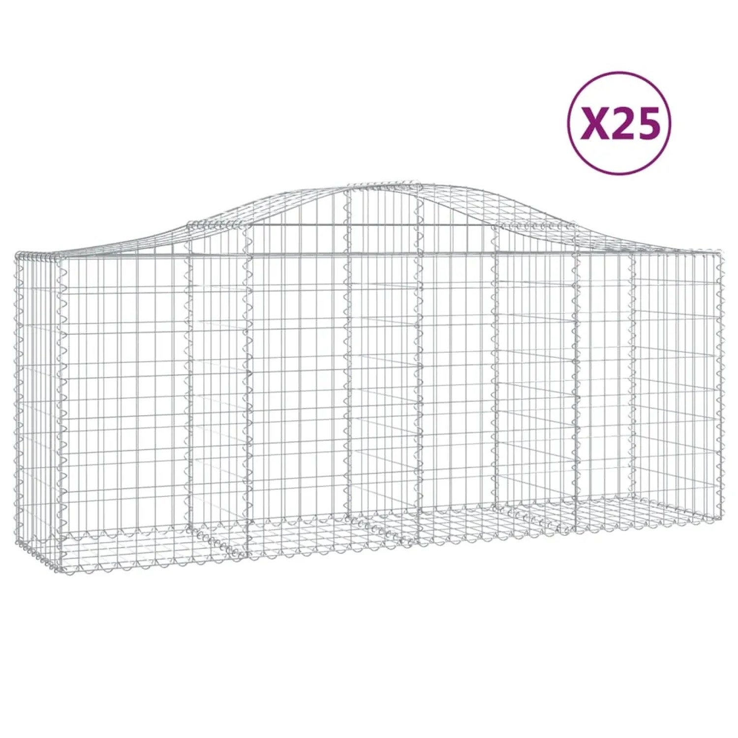 Set aus 25 vidaXL Gabionen mit Hochbogen, 200x50x80/100cm, aus verzinktem Eisen.