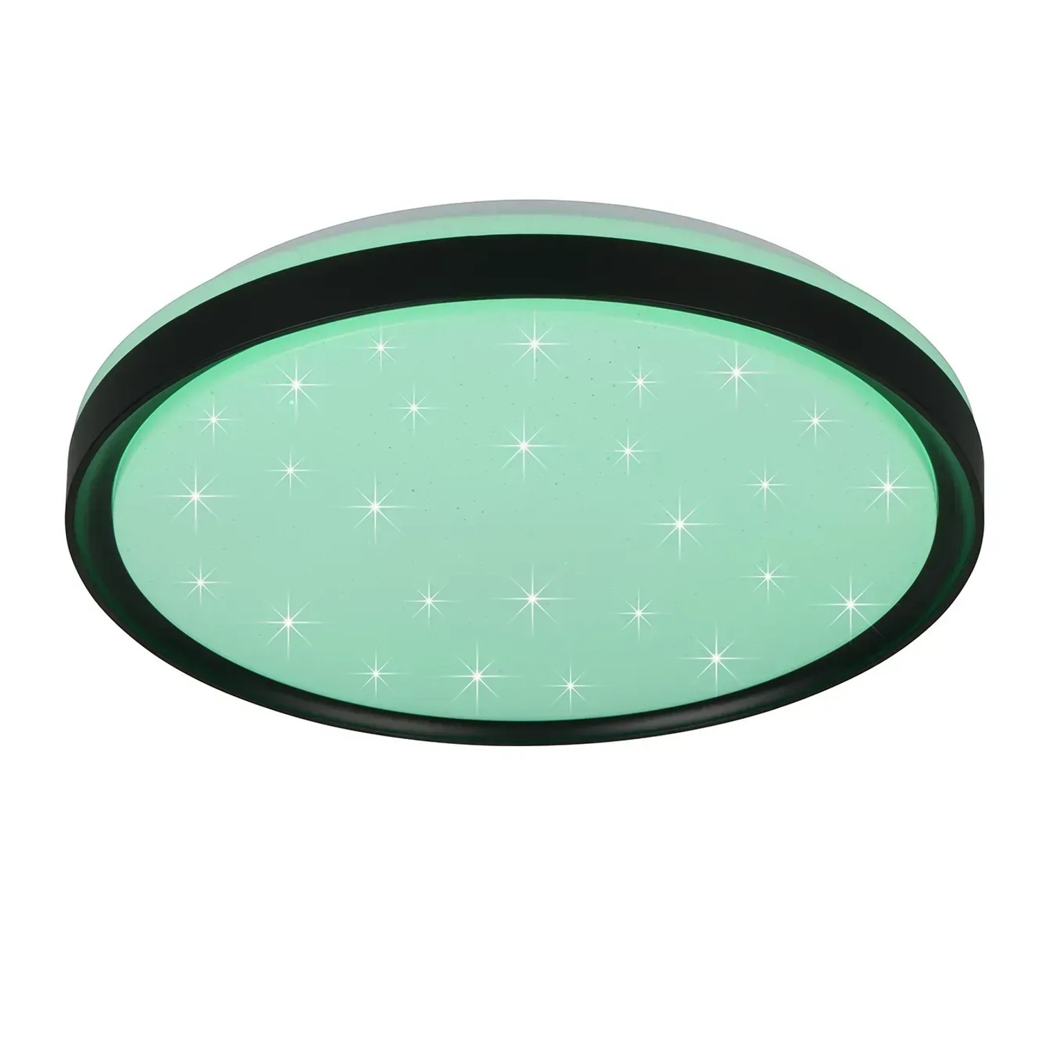 Schwarze, runde LED-Deckenleuchte Solit mit Sternenmuster und dynamischem Farbmodus.