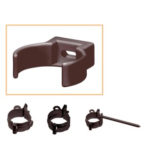 Dunkelbrauner Inefa PVC Rohrschellen Clip DN 75 zur Fallrohr Befestigung an der Wand. Stabil und witterungsbeständig.