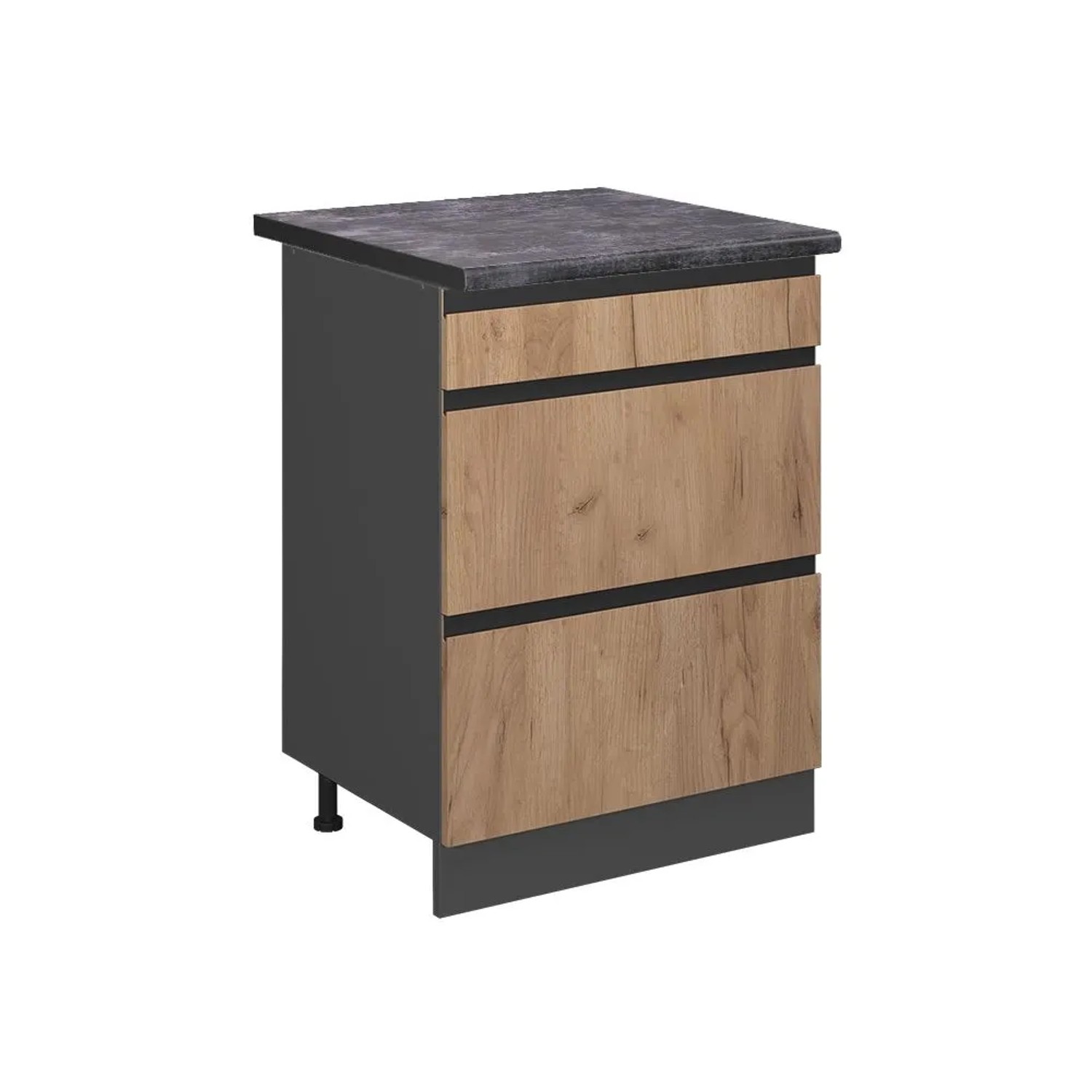Vicco Küchenunterschrank R-Line Goldkraft Eiche Anthrazit 60 cm mit Schubladen J-Shape AP Anthrazit mit Anthrazit Korpus