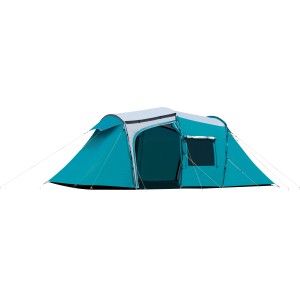Türkis-graues 4-Personen Zelt mit Glasfaserrahmen für Camping & Outdoor.