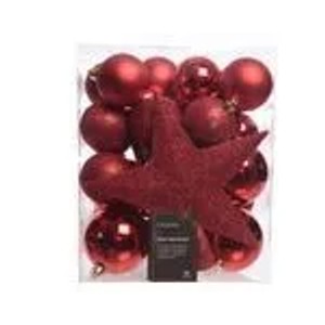 Rote, bruchfeste Weihnachtskugeln (33 Stk.) mit Stern für den Weihnachtsbaum.
