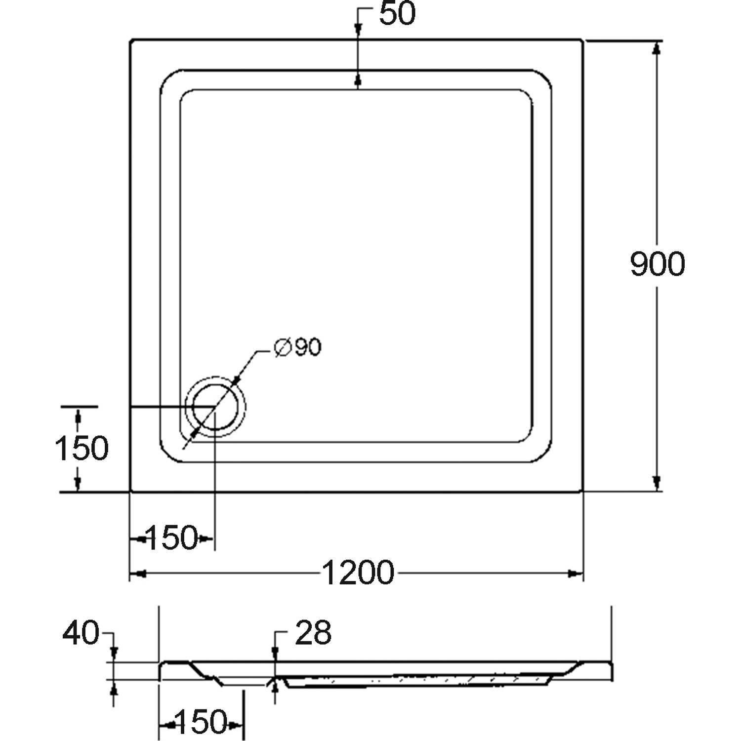 Technische Zeichnung: Ottofond Duschwanne Aruba, 120x90 cm, rechteckig, extraflach, Abmessungen.