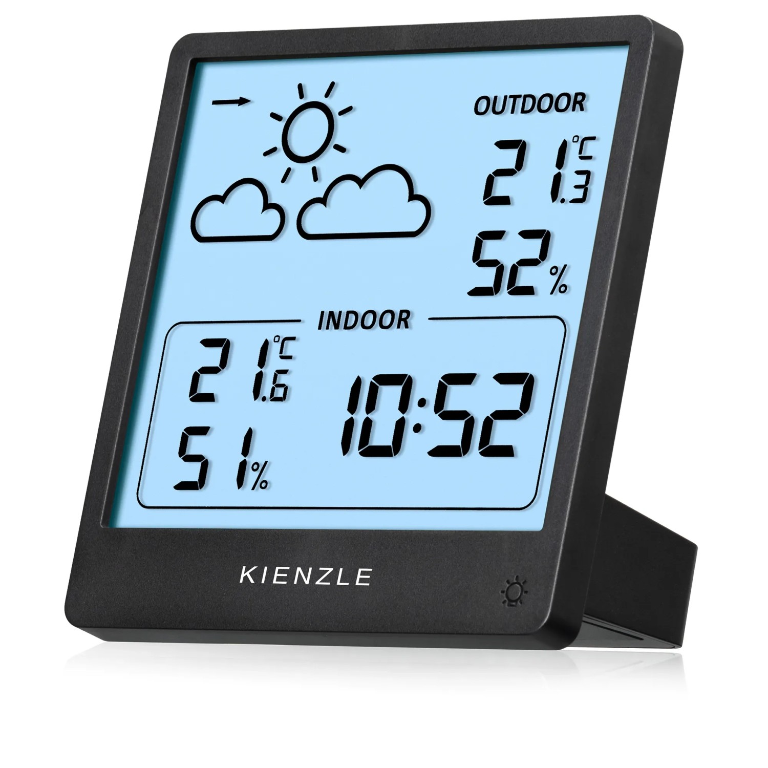 Schwarze Kienzle Funk-Wetterstation Slim mit Display für Innen- und Außentemperatur.