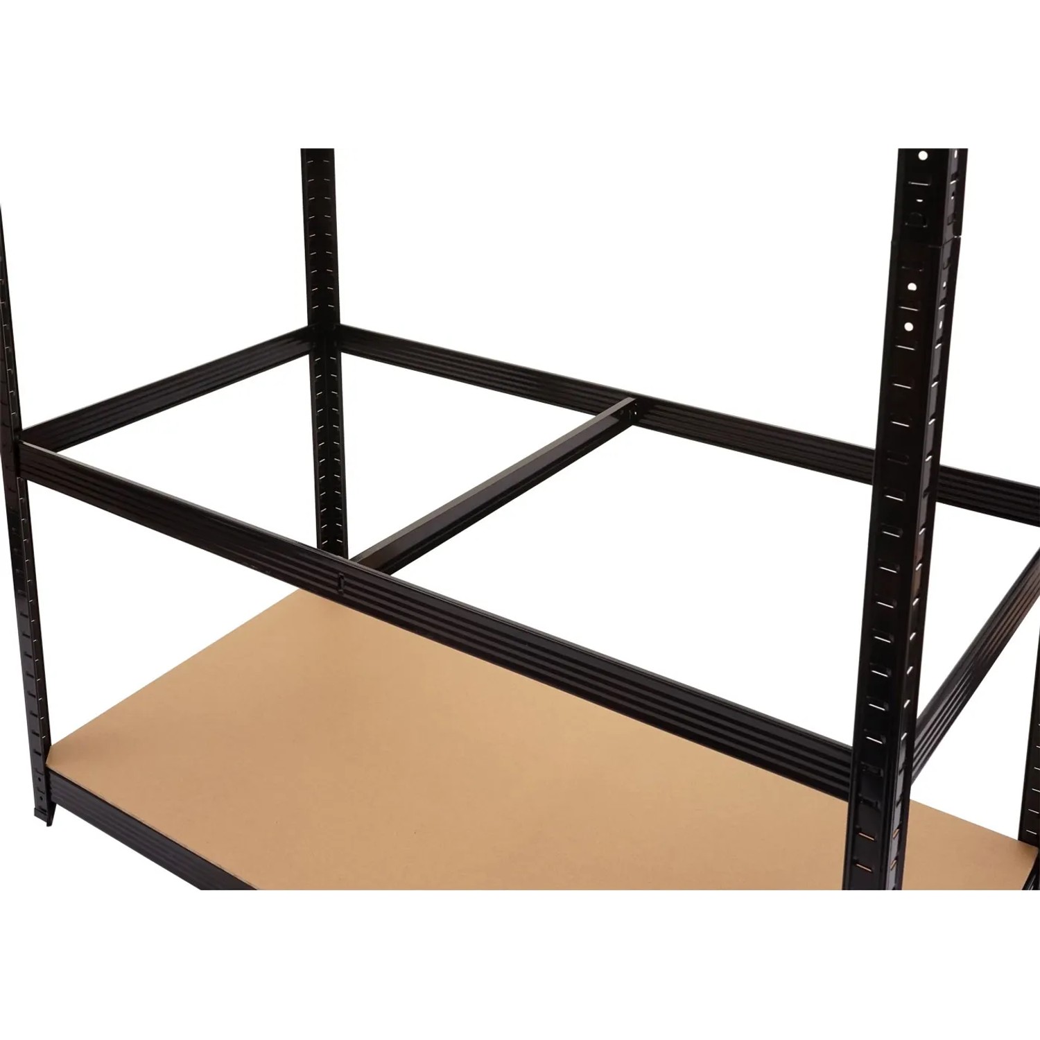 Detailaufnahme: Schwarzes MCW Schwerlastregal (180x90x40cm) mit MDF-Boden. Stecksystem.