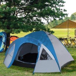 Geräumiges Furnicato Campingzelt für 4 Personen in Blau-Grau mit Vorraum und Fliegengitter, im Grünen aufgebaut.