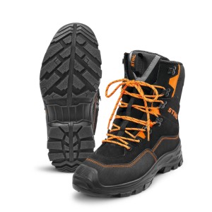 Stihl Motorsägen-Lederstiefel Function Active, schwarz mit orangefarbenen Schnürsenkeln, Schnittschutz, Stahlkappe, Profilsohle.