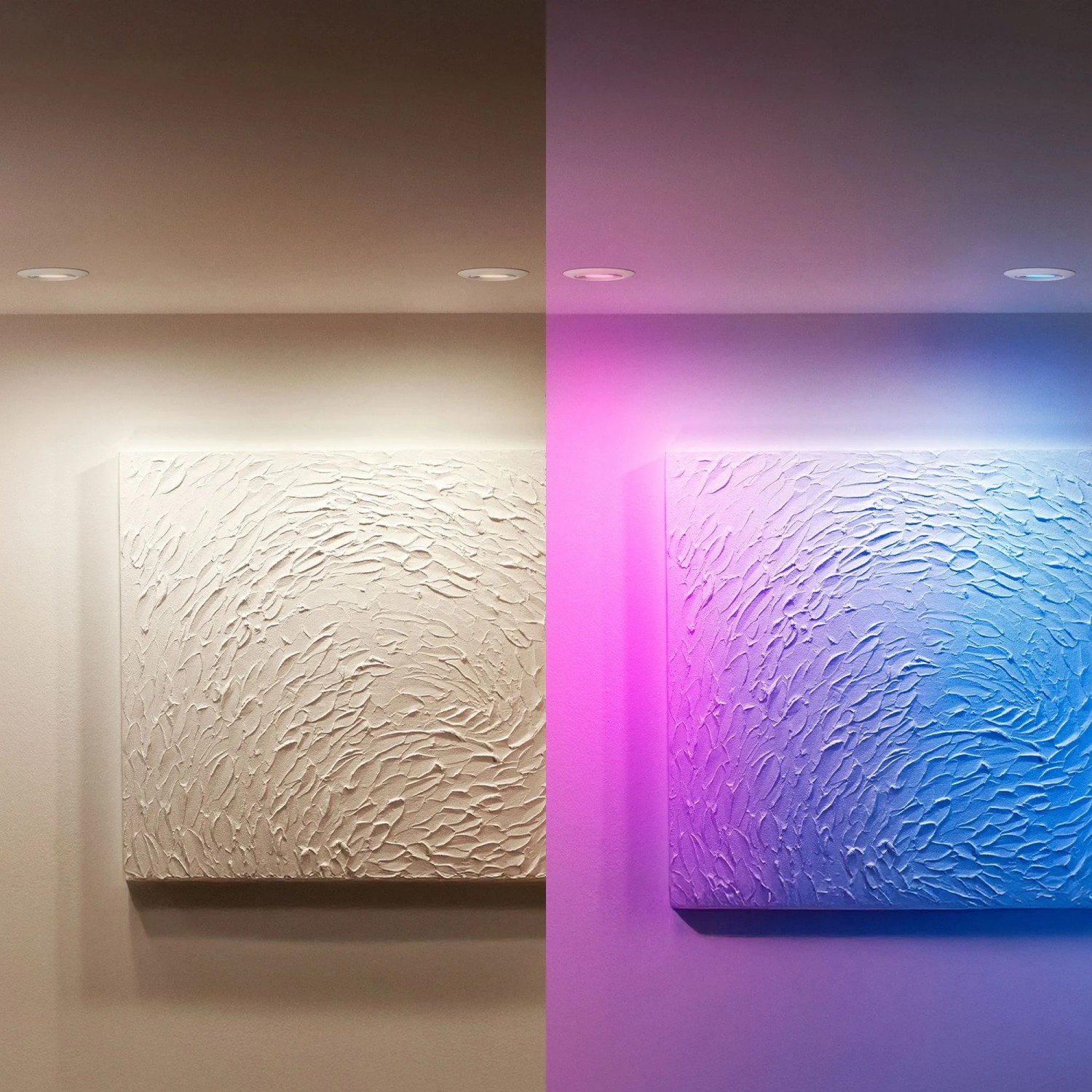 Philips Smart GU10 Einbauspot: warmweißes und farbiges RGB Licht, dimmbar, beleuchtet Wand mit Kunstwerk.