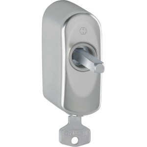 Abschließbare Fenstergriff-Rosette von Hoppe aus Aluminium mit Schlüssel für erhöhte Sicherheit.