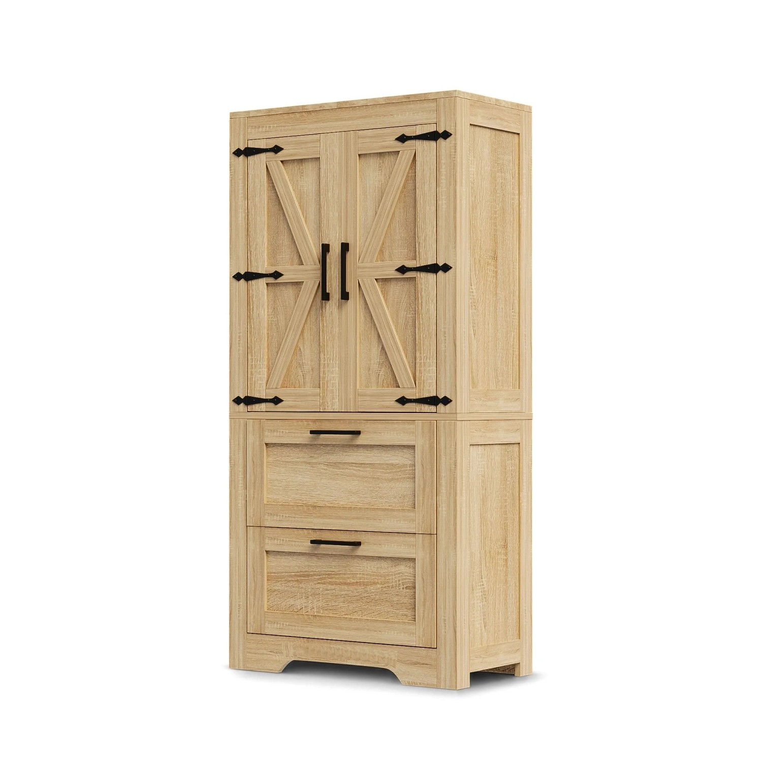 Merax Küchenschrank Naturholz Landhausstil 2 Schubladen Scheunentor Türen