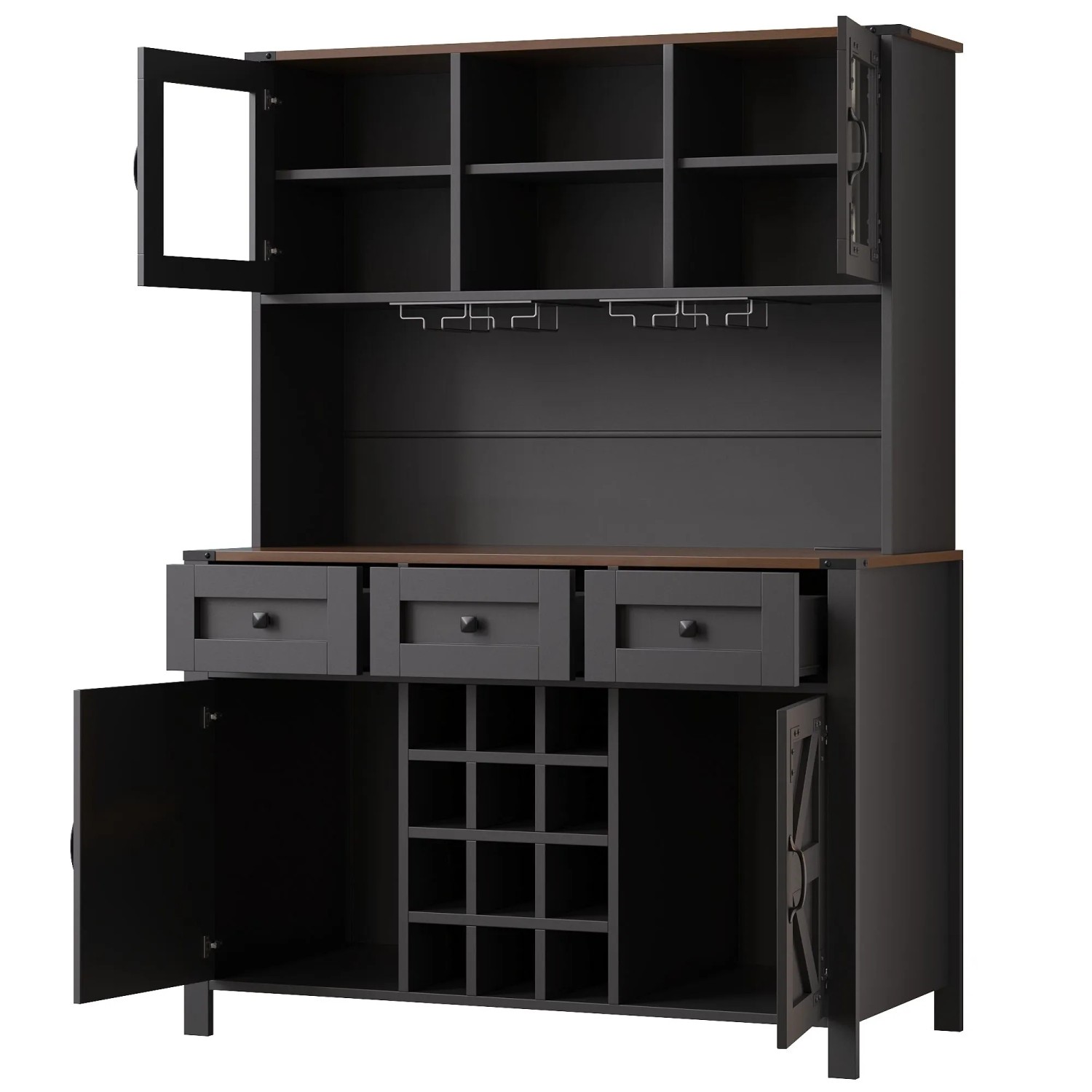 okwish Hochschrank mit USB Anschlüssen LED Licht Küche 120x40x170cm Schwarz