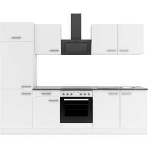 Moderne OPTIFIT Oslo214 Küchenzeile in Weiß mit schwarzer Dunstabzugshaube, 270 cm breit.