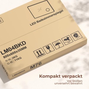 Verpackter Emke Badspiegel, 70cm, mit LED-Beleuchtung und Touch-Schalter. Sicher verpackt für den Transport.