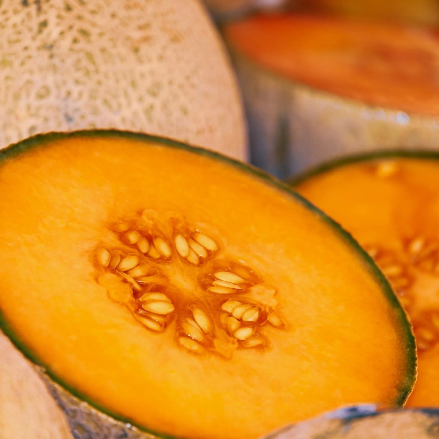 Aufgeschnittene Charentais Zuckermelone mit leuchtend orangenem Fruchtfleisch und Kernen. Ideal für Gemüsesamen.