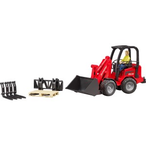 Bruder Schäffer Hoflader 2630 mit Figur, Schaufel, Gabeln und Palette als Zubehör.