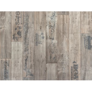 PVC-Boden Tronto Eiche Sanremo Muster, Holzoptik mit Surf-Motiven.